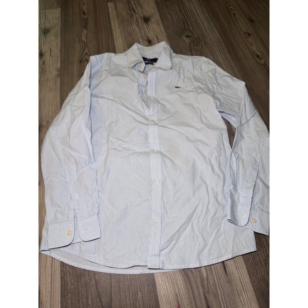 Vineyard Vines Whale Shirt Blue White Striped Cotton Button Down Womens Large